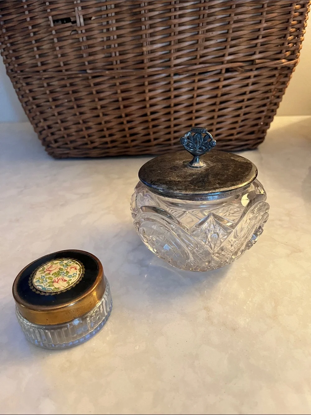 Vintage cut crystal and ornate silver plate lid vanity jar and small floral jar